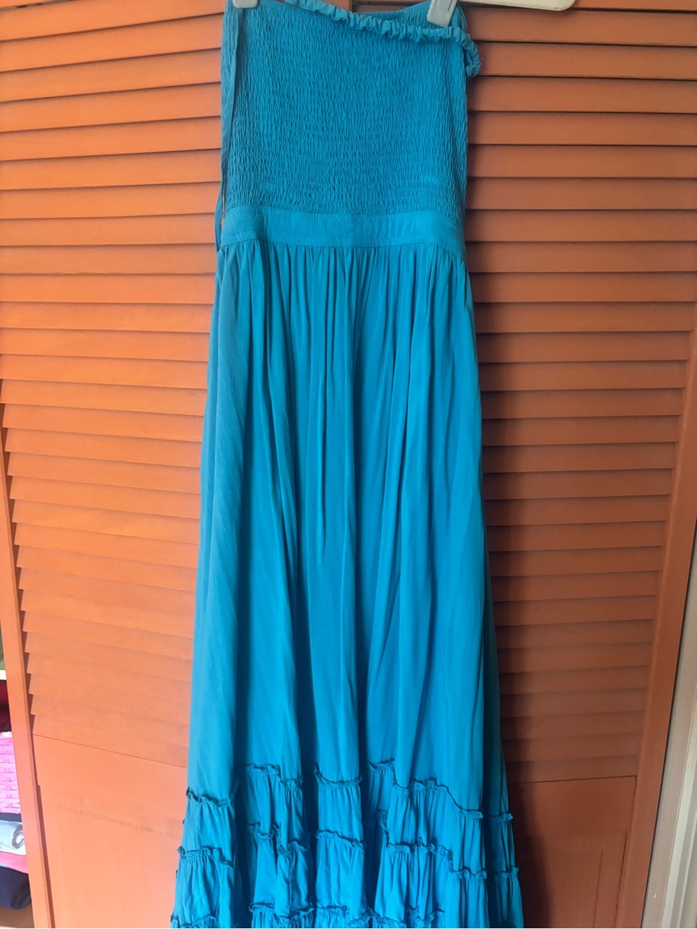 Strapless Teal Maxi Dress with Smocked Bodice